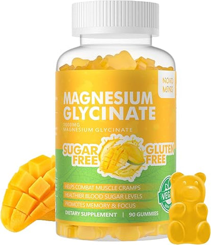 Novomins - Gomas de Magnésio Glicinato 1000mg – Sem Açúcar, com Potássio, Vitamina D, B6 e CoQ10 para Calma e Bem-Estar | Marca: 90 CT