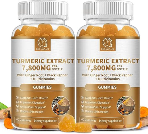 BBEEAAUU - (2 Pacotes) Gomas de Cúrcuma para Adultos, Cúrcuma Curcumina com Pimenta Preta, Suplemento de Cúrcuma Apoia as Articulações