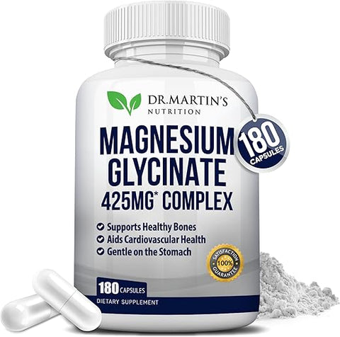 DR. MARTIN'S NUTRITION - Premium Magnesium Glycinate 425mg – 180 Cápsulas Veganas – Auxilia no Alívio do Estresse, Sono e Cãibras Musculares