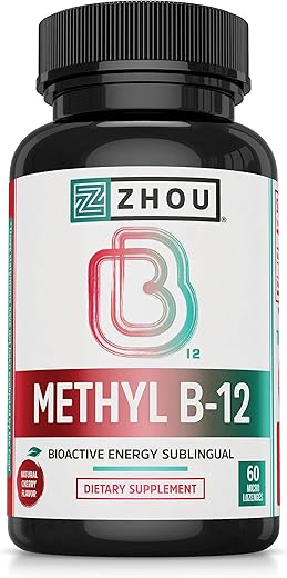 ZHOU - Zhou Nutrition Methyl Lozenges de Vitamina B12, 5000 mcg para Máxima Absorção e Energia Ativa, Vegano, Sabor Cereja, 60 Unidades