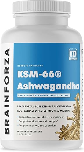 KSM-66 Ashwagandha: Extrato Puro de Raiz Orgânica, Potência de 1.000mg, 5%% Withanolides, Saúde Hormonal, Suporte Cognitivo, 90 Cápsulas - Brain Forza