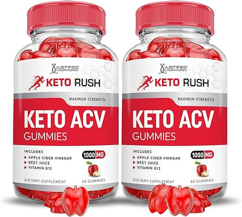 Justified Laboratories - (2 Pacotes) Gomas Keto Rush Keto ACV Fórmula Avançada 1000MG Gomas Keto Rush Keto Vinagre de Maçã Aumento Formulado com Romã e Beterraba em Pó B12 Vegano Não GMO 120