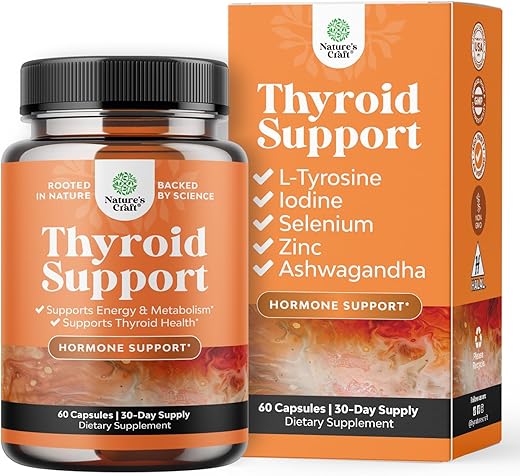 Natures Craft - Complexo de Suporte Herbal para a Tireoide – Suplemento de Iodo para a Tireoide com L Tirosina, Alga Marinha, Selênio e Ashwagandha – Suplemento Energético para Melhorar o Humor e a Saúde da Tireoide – 60 cápsulas