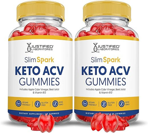 Justified Laboratories - (2 Pacotes) Gomas Slim Spark Keto ACV Fórmula Avançada 1000MG Slimspark Keto Gomas Vinagre de Maçã Aumento Formulado com Romã Suco de Beterraba em Pó B12 Vegano Não GMO 120