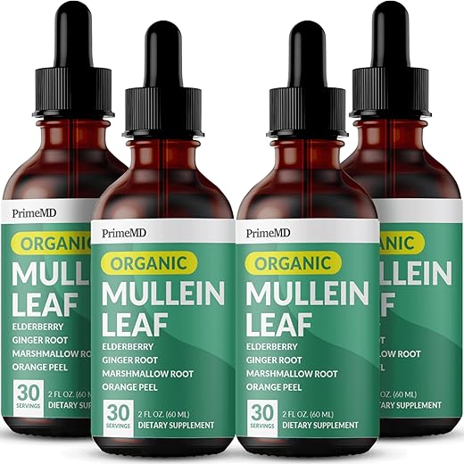 PrimeMD - Gotas de Mullein 5 em 1 para os Pulmões – Extrato de Folha de Mullein para Desintoxicação e Saúde Respiratória dos Pulmões – Tintura de Mullein com Sabugueiro e Alteia (G)