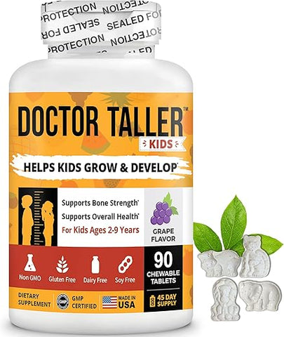 NuBest - Doctor Taller Kids – Multivitaminas Infantis, Vitaminas para Crianças – Fortalecimento Ósseo, Imunidade Reforçada com Cálcio, Multivitaminas para Idades de 2 a 9 – Sabor Uva – 90 Veganas