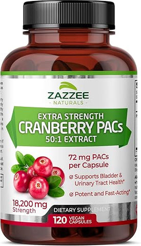 Cranberry PACs Extra Forte, 72 mg PACs por Cápsula, 100%% Solúvel, 120 Cápsulas Veganas, Extrato 50:1, Força de 18.200 mg, Suporte Eficaz para o Trato Urinário UTI em Mulheres - Zazzee