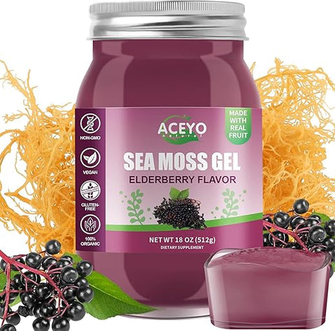18 OZ) Gel de Musgo do Mar de Sabugueiro Irlandês Orgânico Cru Vegano Sabor 102 Vitaminas e Minerais Colhido na Natureza Reforço Imunológico para a Tireoide e Suporte Digestivo - ACEYO