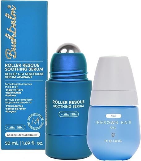 Kit Bushbalm Ingrown Hair Roller Rescue e Nude Oil – Inclui AHA – Óleo Essencial para Pelos Encravados – 100% Natural – 30ml