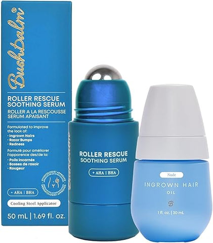 Kit Bushbalm Ingrown Hair Roller Rescue e Nude Oil – Inclui AHA – Óleo Essencial para Pelos Encravados – 100% Natural – 30ml