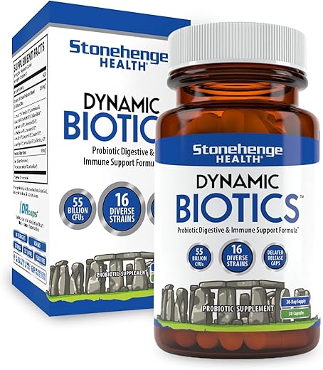 Probióticos 55 Bilhões UFC – 16 Cepas, Prebiótico, Simbióticos Dynamic Biotics – Lactobacillus Acidophilus, Liberação Retardada, Estável em Prateleira, Sem OGM Sem Glúten - Stonehenge Health