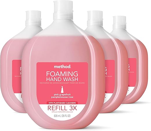 Recarga Sabonete Líquido Espumante Method, Toranja Rosa, Frasco Reciclável, Fórmula Biodegradável, 828 ml (Pack com 4)