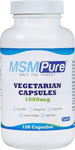 MSMPure Cápsulas Vegetarianas, 120 Unidades, Feitas com Cristais de Enxofre Orgânico, Suplemento de MSM Destilado 99,99% Puro, 1.000 mg por Cápsula, Fabricado nos EUA - KALA HEALTH