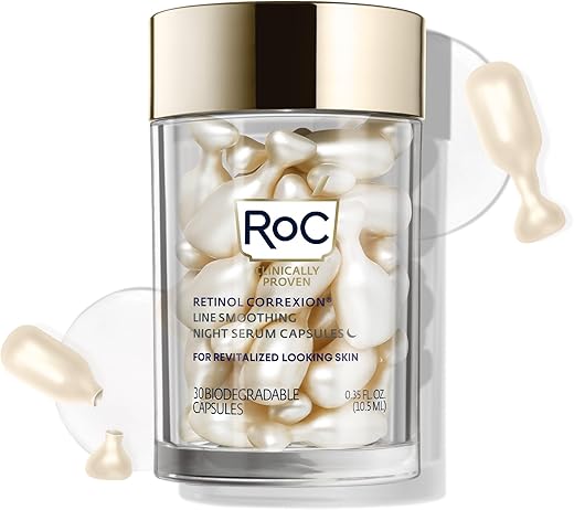 Retinol Correxion Serum Noturno Anti-idade para Rugas, Tratamento Diário para Suavizar Linhas Finas, Cicatrizes Pós-Acne, 30 Cápsulas Individuais, Sem Perfume, 10 ml - RoC
