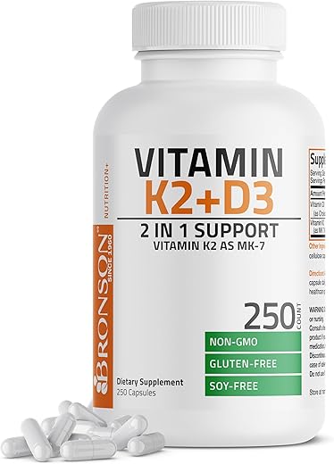 Vitamina K2 (MK7) com D3 para Saúde Óssea e Cardíaca Fórmula Não-OGM 5000 UI Vitamina D3 - Bronson