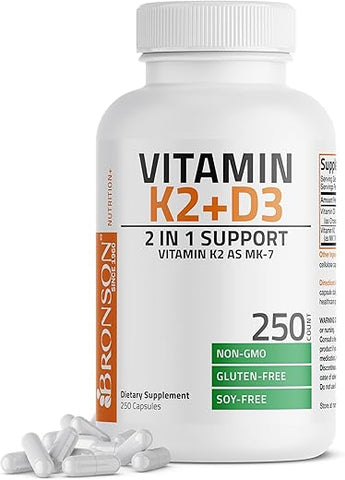 Vitamina K2 (MK7) com D3 para Saúde Óssea e Cardíaca Fórmula Não-OGM 5000 UI Vitamina D3 - Bronson