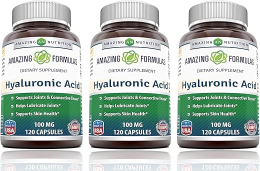 Amazing Nutrition - Amazing Formulas Ácido Hialurônico 100 mg Cápsulas | Sem OGM | Sem Glúten | Fabricado nos EUA (3 Pacotes, 120 Unidades)