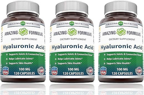 Amazing Nutrition - Amazing Formulas Ácido Hialurônico 100 mg Cápsulas | Sem OGM | Sem Glúten | Fabricado nos EUA (3 Pacotes, 120 Unidades)