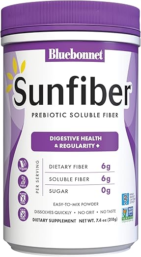 Nutrition Sunfiber – 6g de Fibra Solúvel Prebiótica à Base de Plantas – Apoia a Saúde Digestiva – Dissolução Instantânea – Não-OGM, Vegano, Kosher, Baixo FODMAP – Sem Sabor, 7.4 ml - Bluebonnet