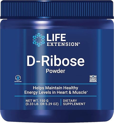 D-Ribose em Pó, Dissolva em Líquido para Estimular a Produção de Energia Celular e Apoiar a Saúde do Coração e dos Músculos, Sem Glúten, Não-OGM, Vegetariano, 150g - Life Extension
