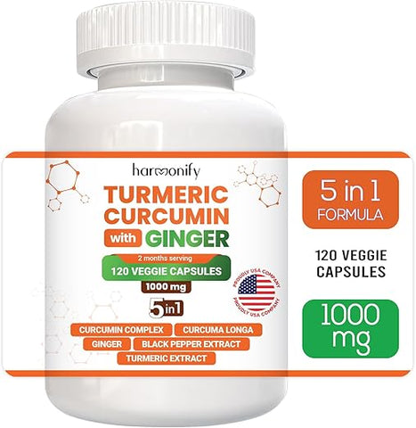HARMONIFY - Suplemento de Curcuma Longa com Gengibre, Canela do Ceilão e Pimenta Preta 5 em 1, Suporte Articular de Absorção Máxima, 1000 mg, 120 Cápsulas de Extrato Herbal
