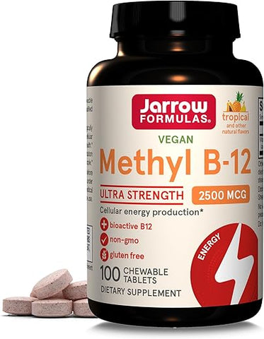 Ultra Strength Methyl B-12 – 100 Tabletes Mastigáveis com Sabor Tropical para Energia Celular – Até 100 Dias de Fornecimento - Jarrow Formulas
