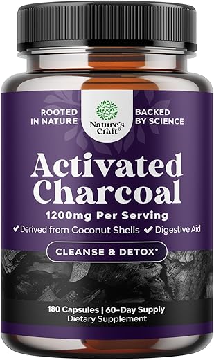 Natures Craft - Cápsulas de Carvão Ativado para Limpeza e Desintoxicação – Pílulas Detox Purificadoras 1200mg Pó de Carvão de Coco – Alívio Inchaço e Limpeza do Corpo – Ativo