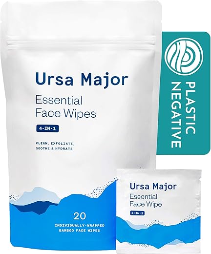 Lenços Faciais Essenciais | Natural, Biodegradável, Cruelty-Free | Limpeza, Esfoliação, Calmante e Hidratação | Embalagem Individual | 20 Unidades - Ursa Major