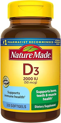 Vitamina D3 2000UI 320 Ct. Soft Gels – Embalagem Variável | Comprimidos de Gel Macio | Marca Nature Made - Nature Made