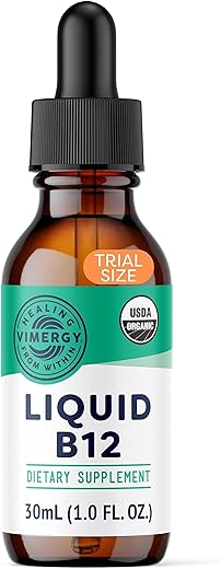 B12 Orgânico USDA, 30 Porções – Vitamina Líquida B-12 Livre de Álcool – Suporta Energia Cerebral, Sistema Nervoso, Cognição, Memória – Sem Glúten, Não-OGM, Vegano - Vimergy