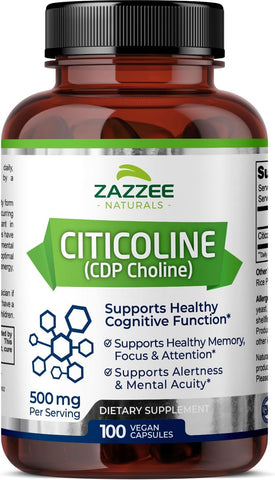 Citicolina Extra Forte, 500 mg por Porção, 100 Cápsulas Veganas, Forma Superior de Colina CDP, Grau Farmacêutico 100%% Vegetariano, Suprimento de 50 Dias, Natural e - Zazzee