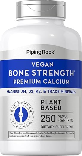 Suplemento para Fortalecimento Ósseo com Cálcio, Magnésio, Vitamina D3, K2 e Zinco | 250 Cápsulas | Vegano, Não-OGM, Sem Glúten - Piping Rock