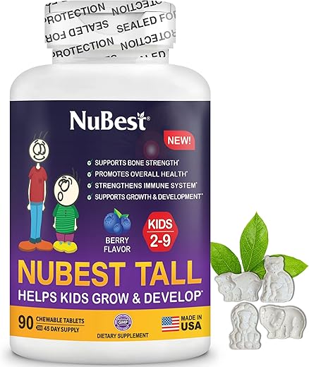 Tall Kids – Vitaminas para Crianças em Crescimento – Fortalece os Ossos, Saúde Geral e Imunidade – Formato de Animais – 90 Comprimidos Mastigáveis de Frutas Vermelhas | 1,5g - NuBest