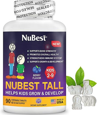 Tall Kids – Vitaminas para Crianças em Crescimento – Fortalece os Ossos, Saúde Geral e Imunidade – Formato de Animais – 90 Comprimidos Mastigáveis de Frutas Vermelhas | 1,5g - NuBest