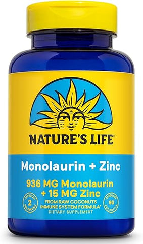 Nature's Life - Nature’s Life Monolaurin Plus Zinc – Suporte Imunológico com 936mg de Monolaurina de Coco Cru, 15mg de Zinco, Promove Saúde Intestinal, Flora Intestinal Equilibrada, Garantia de 60 Dias, 45 Porções