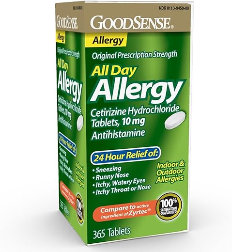 All Day Allergy, Cetirizine Hydrochloride 10 mg, 365 Comprimidos – Antialérgico - GoodSense