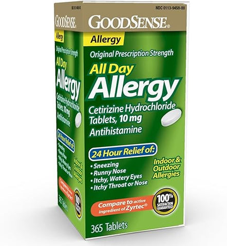 All Day Allergy, Cetirizine Hydrochloride 10 mg, 365 Comprimidos – Antialérgico - GoodSense