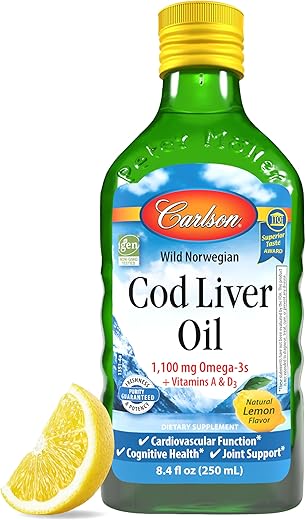 Óleo de Fígado de Bacalhau Carlson, 1100 mg Ômega-3, Suplemento Líquido de Óleo de Peixe, Norueguês Ártico Selvagem, Fonte Nórdica Sustentável, Limão, 250 ml