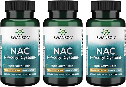 NAC N-Acetyl Cysteine – Suporte Antioxidante Anti-Envelhecimento Respiratório e Hepático – Suplemento de Aminoácidos 1000 mg 60 Cápsulas (3 Pacotes) - Swanson