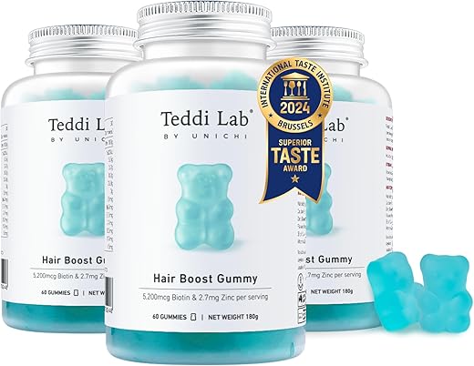 Hair Boost Gummy 3-Pack: Fórmula com 5200mcg de Biotina, Zinco, Ácido Pantotênico e Vitaminas A, C, E para Cabelos Mais Fortes e Mais Espessos, Sabor Delicioso com Sal Marinho - Unichi