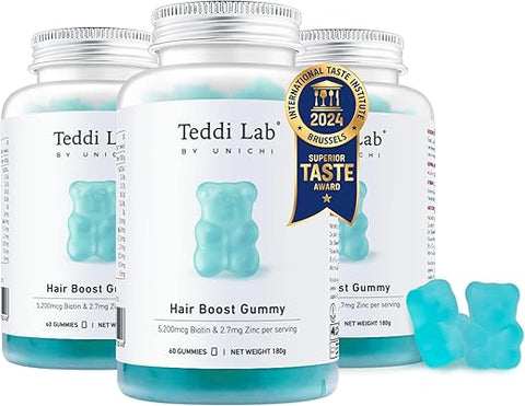 Hair Boost Gummy 3-Pack: Fórmula com 5200mcg de Biotina, Zinco, Ácido Pantotênico e Vitaminas A, C, E para Cabelos Mais Fortes e Mais Espessos, Sabor Delicioso com Sal Marinho - Unichi