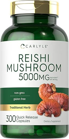 Reishi Mushroom 5000mg | 300 Cápsulas | Extrato de Reishi Sem GMO e Sem Glúten - Carlyle