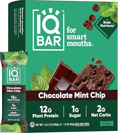 Generic - IQ BAR – Barras de Proteína Vegetal para o Cérebro e o Corpo – Chocolate Chip de Hortelã – 12 Unidades, Baixo Carboidrato, Alta Fibra, Sem Glúten, Snacks Veganos – Barras Energéticas com Baixo Teor de Açúcar para Keto