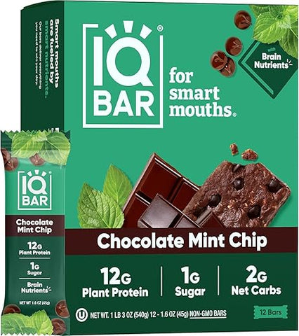 Generic - IQ BAR – Barras de Proteína Vegetal para o Cérebro e o Corpo – Chocolate Chip de Hortelã – 12 Unidades, Baixo Carboidrato, Alta Fibra, Sem Glúten, Snacks Veganos – Barras Energéticas com Baixo Teor de Açúcar para Keto