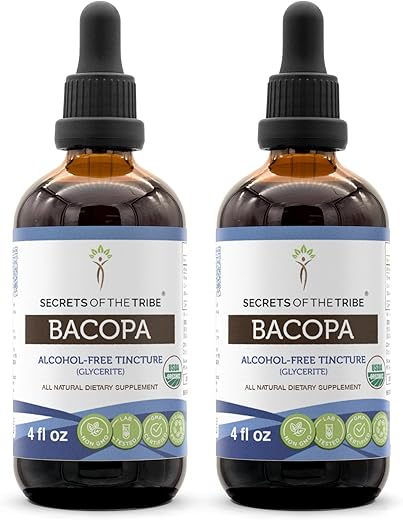 Secrets of the Tribe - Segredos da Tribo Bacopa Orgânica USDA | Extrato Livre de Álcool, Gotas Herbais de Alta Potência | Feito com Bacopa Orgânica Certificada (Bacopa Monnieri) Erva Seca (2×4 g)