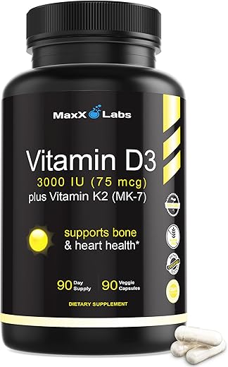 MaxX Labs - Vitamina D3 K2 3000 UI – com Vitamina K como MK-7 de Natto – Suplemento de Alta Potência de Vitamina D para Suporte a Ossos, Dentes e Coração