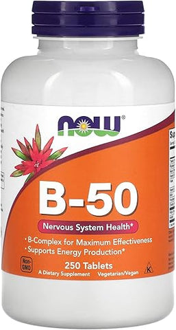Suplementos, Vitamina B-50 mg, Produção de Energia, Saúde do Sistema Nervoso, 250 Comprimidos - NOW Foods