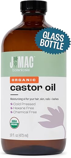 Óleo de Rícino Orgânico Prensado a Frio (Frasco de Vidro, 473 ml) puro não refinado, livre de hexano para rosto, pele, cílios, embalagens, almofadas - J MAC BOTANICALS