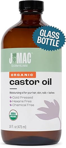 Óleo de Rícino Orgânico Prensado a Frio (Frasco de Vidro, 473 ml) puro não refinado, livre de hexano para rosto, pele, cílios, embalagens, almofadas - J MAC BOTANICALS