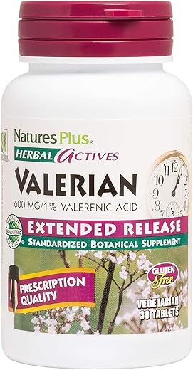 Herbal Actives Valerian – Comprimidos de Liberação Prolongada 600 mg, 30 Comprimidos Veganos – Vegetariano, Sem Glúten – 30 Porções - Natures Plus